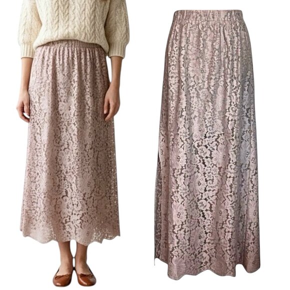 Gold Hawk Dresses & Skirts - NWT Gold Hawk Flora Lace Midi Skirt Sz L Beige Side Slit Romantic Fairy 90s Y2K
